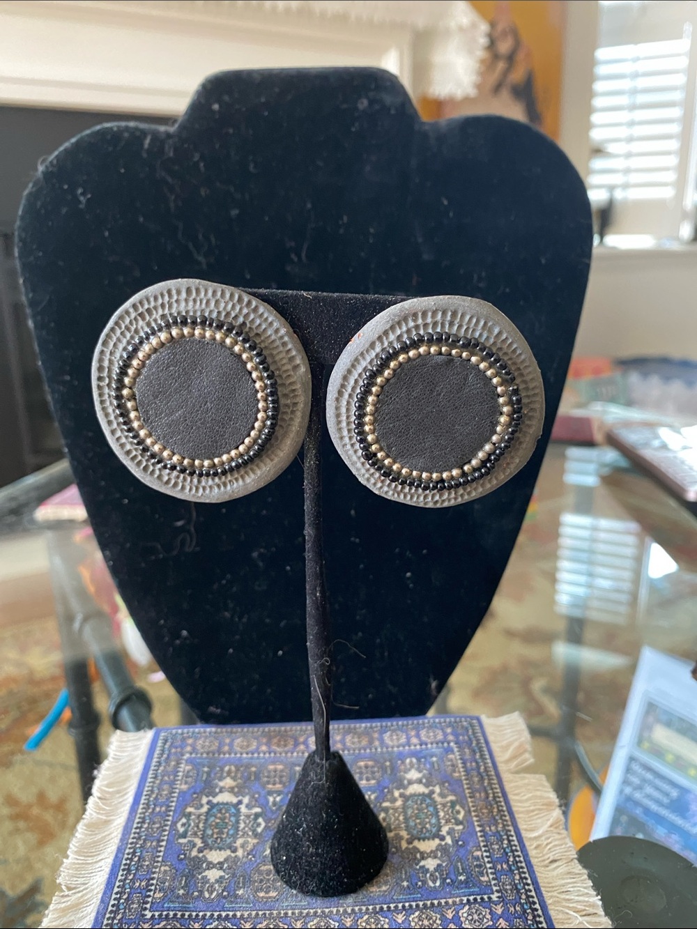 Round Beaded Button Earrings in Gray and Gold